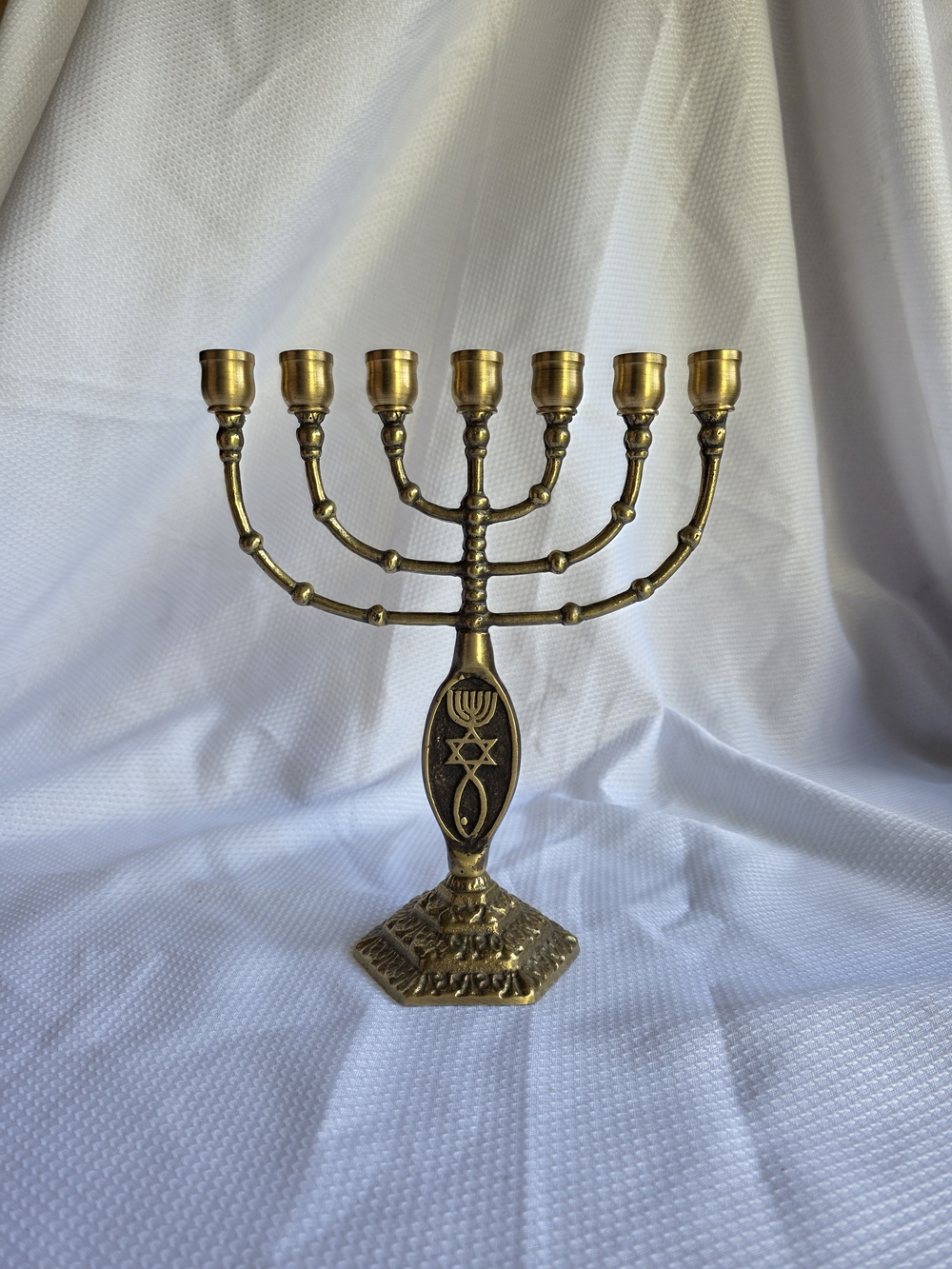 Brass Menorah Candle Holder W/ Grafted In Symbol